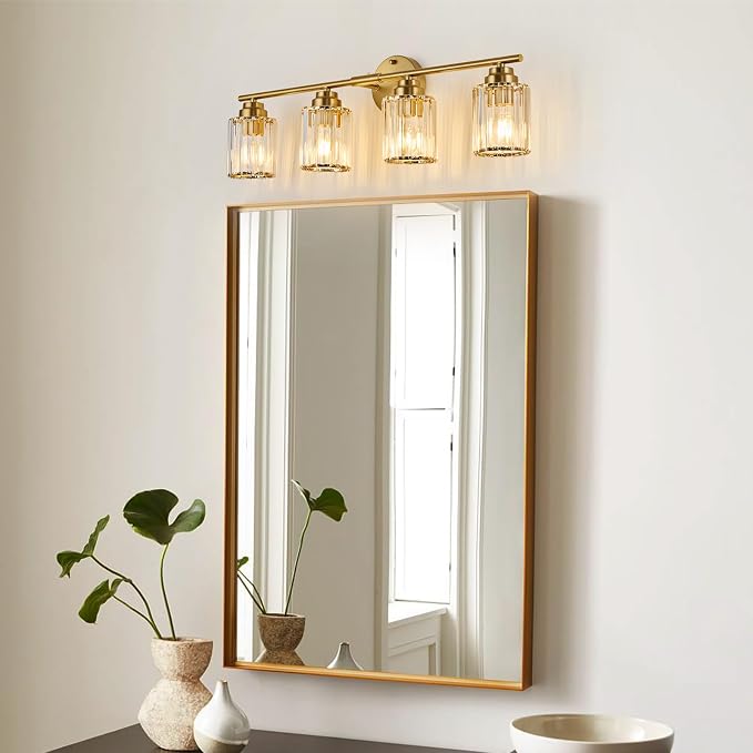 4-Light Gold Bathroom Light Fixtures, 29.1" Bathroom Vanity Light with Clear Crystal Shades, E26 Base Modern Wall Lighting Sconces, Vanity Lights for Bathroom Powder Room