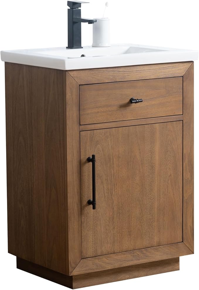 Vanity Art 24 inch Bathroom Vanity with Sink, Solid Poplar Wood, Vanity Cabinet with Doors and Removable Shelf, Modern Wood Cabinet with Marble Top, Ceramic Sink,VA70-24-T