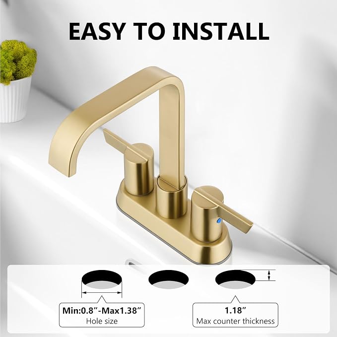 Brushed Gold Waterfall Bathroom Faucet 4 Inch Centerset,2-Handle | Stainless Steel 3-Hole Deck-Mount Design Includes Supply Lines and Pop-Up Drain for a Complete Vanity Installation