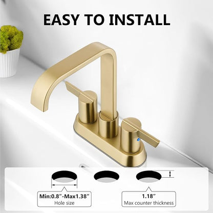 Brushed Gold Waterfall Bathroom Faucet 4 Inch Centerset,2-Handle | Stainless Steel 3-Hole Deck-Mount Design Includes Supply Lines and Pop-Up Drain for a Complete Vanity Installation