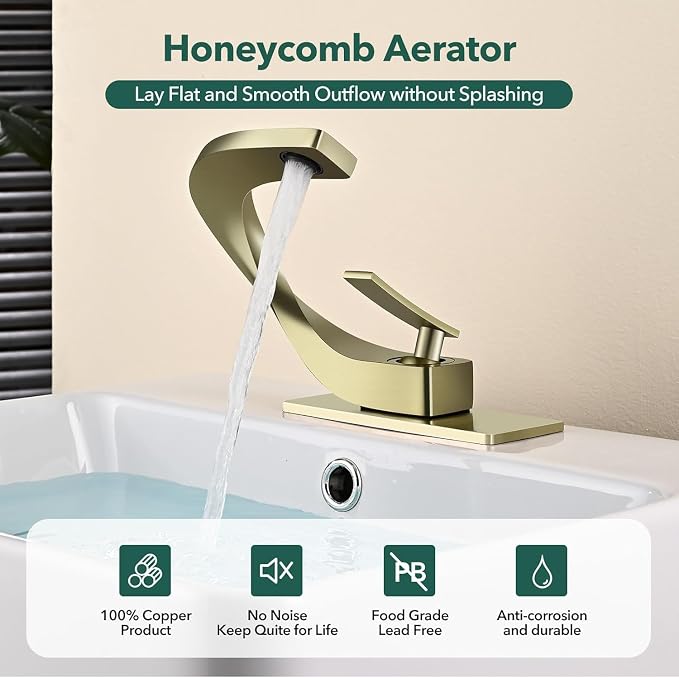Single Hole Bathroom Sink Faucets,Brass Vainty Faucet Brushed Gold | Lead-Free, Single Handle Faucet for Sink, Vanity, RV, Lavatory, Suitable for 1 or 3 Holes Faucet