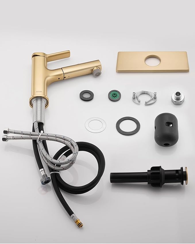 Pull Out Bathroom Faucet, Single Handle Bathroom Sink Faucet with Pull Out Sprayer, Bathroom Faucet for Sink, with Pop-up Drain & Deck Plate 1 or 4-inch Centerset 3 Hole, Gold