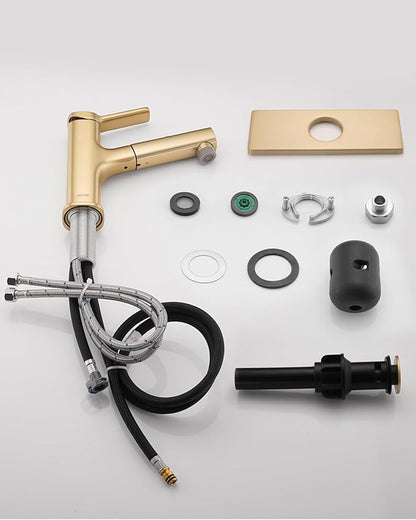 Pull Out Bathroom Faucet, Single Handle Bathroom Sink Faucet with Pull Out Sprayer, Bathroom Faucet for Sink, with Pop-up Drain & Deck Plate 1 or 4-inch Centerset 3 Hole, Gold