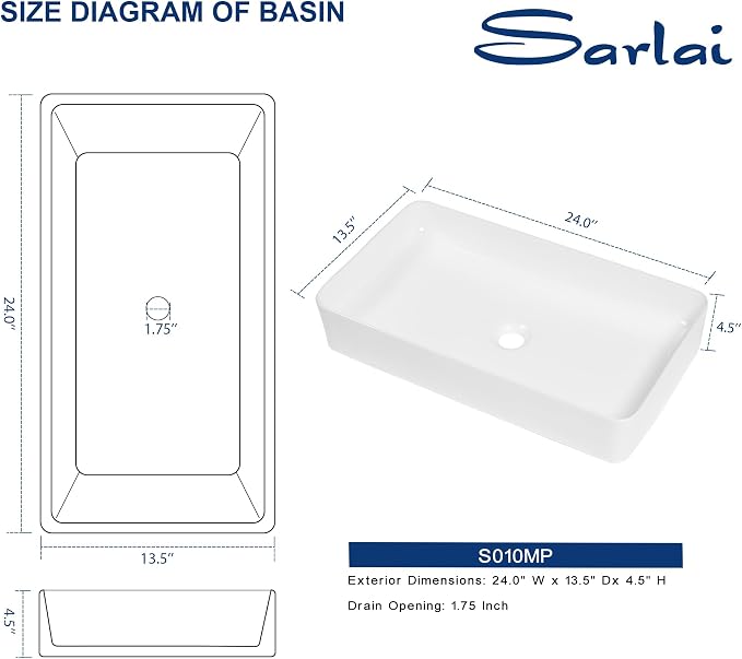 Sarlai 24 Vessel Sink Rectangle - 24 x 14 Inch Bathroom Sink Modern Large Rectangular Above Counter White Porcelain Ceramic Bathroom Vessel Vanity Sink Art Basin