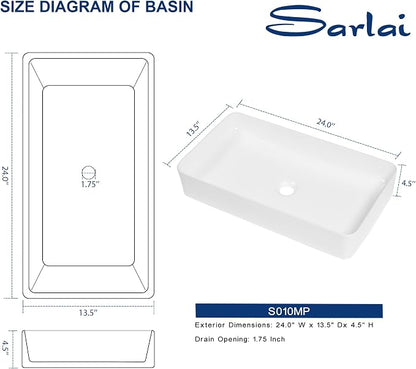 Sarlai 24 Vessel Sink Rectangle - 24 x 14 Inch Bathroom Sink Modern Large Rectangular Above Counter White Porcelain Ceramic Bathroom Vessel Vanity Sink Art Basin