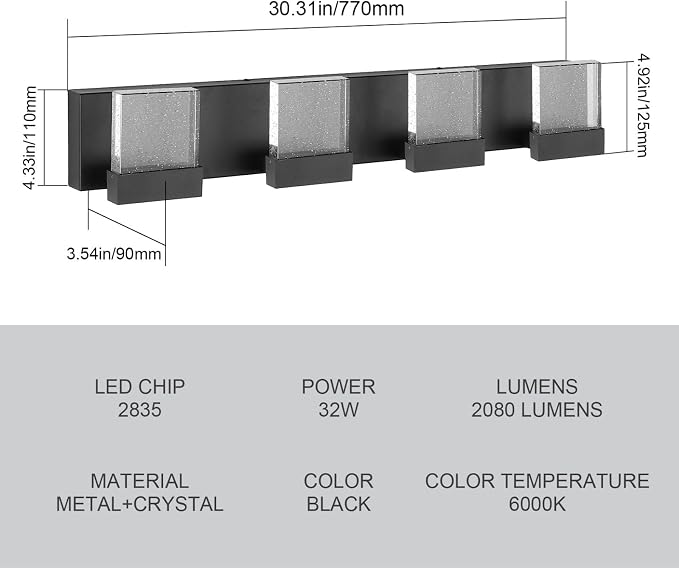 30.5 Inch 4 Light Bubble Black Crystal Bathroom Vanity Light Fixture, LED Over Mirror, Modern, 6000K