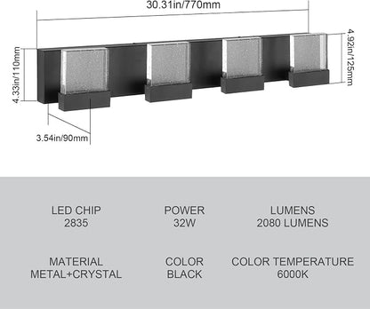 30.5 Inch 4 Light Bubble Black Crystal Bathroom Vanity Light Fixture, LED Over Mirror, Modern, 6000K
