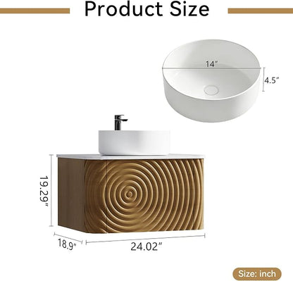 24" Floating Bathroom Vanity with Sink, Mid-Century Wall Mounted Bathroom Vanity Cabinet with Waved Decor, Ceramic Vessel Basin, Sintered Stone Top, Soft Close Storage Drawer, Natural