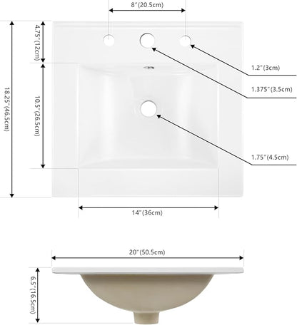 JONATHAN Y SNK1000A Ancillary 3-Hole 20 in. W x 18.25 in. D Classic Contemporary Rectangular Ceramic Single Sink Basin Vanity Top, White