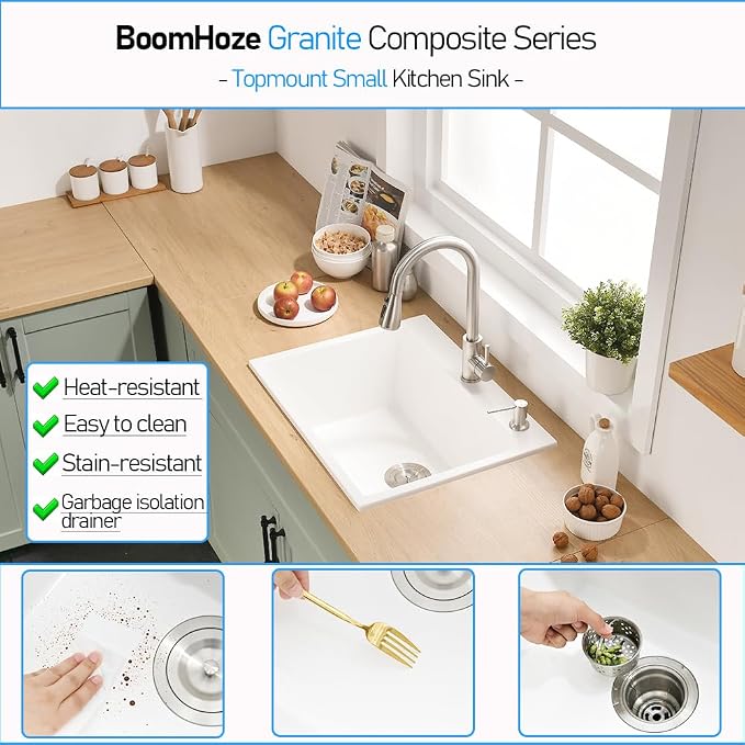 25 Inch White Drop In Kitchen Sink | 25x22 Drop In Kitchen Sink Quartz Granite Composite Single Bowl Outdoor Top Mount Basin with Small Rubber Squeegee