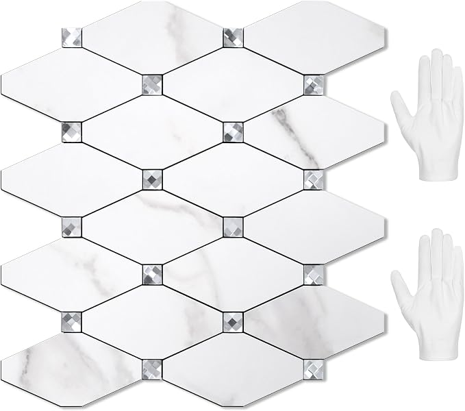 STICKGOO 10 Sheets Peel and Stick Backsplash, Calacatta | Aluminum Composite Wall Tiles, PVC Mixed Glass, Self Adhsive Tiles for Kitchen, Bathroom, Fireplace, RV