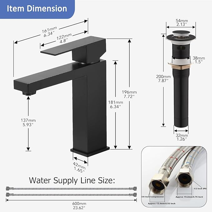 Phiestina 4 Inch Black Single Hole Bathroom Faucet Single Handle Vanity Faucet Matte Black Bathroom Faucet for Sink 1 Hole with Metal Drain with ‎Deck Plate, Overflow & Water Supply line, BF3530-MB