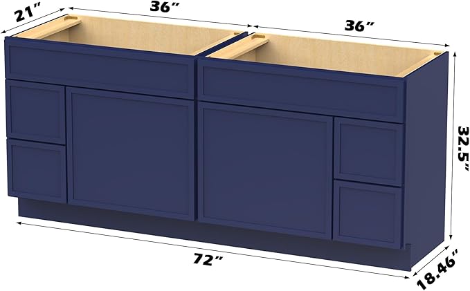 HomeBeyond 72 Inches Bathroom Vanity Base Cabinet Without Sink, Double Sink Top with Door & Soft Closing Drawers, Sturdy Floor Mounted Cabinet 2-Door 4-Drawer, Blue