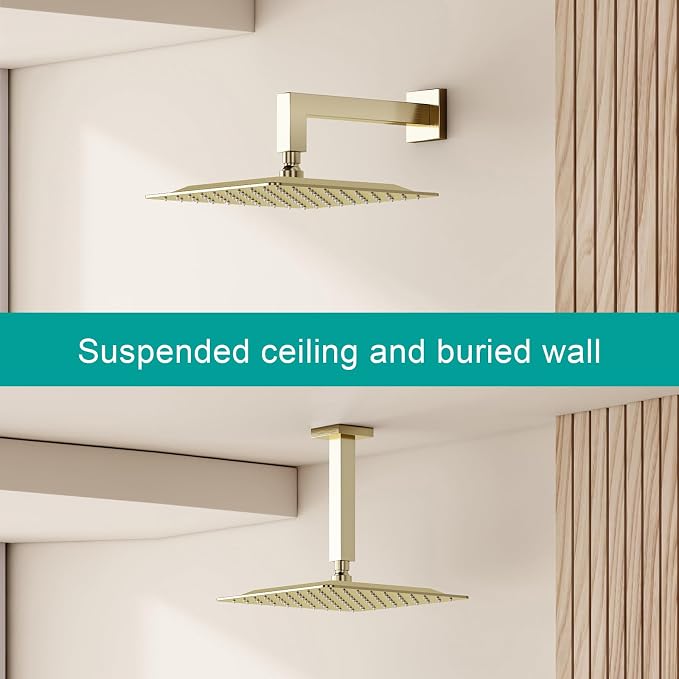 Square Rain Shower Head, High Flow Stainless Steel,Work with any decorative style，All Metal Rainfall Shower Head (Brushed Gold, 10)