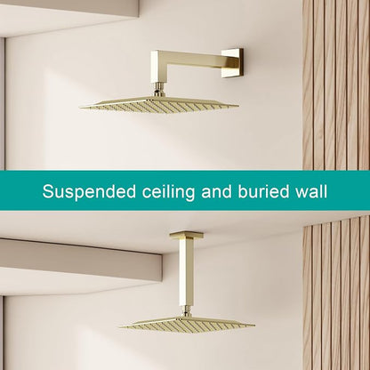 Square Rain Shower Head, High Flow Stainless Steel,Work with any decorative style，All Metal Rainfall Shower Head (Brushed Gold, 10)