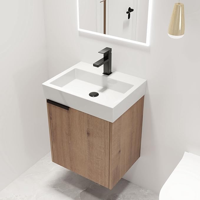 Malwee 18" Floating Bathroom Vanity with Sink, 18 Inch Single Sink Wall Mounted Bathroom Vanity, with 1 Door and White Ceramic Basin Top, Modern Bath Wall-hung Storage Cabinet for Small Space (015-18)