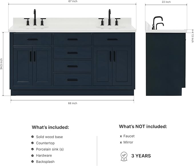 ARIEL Hepburn 66-inch Bathroom Vanity with Sink,Solid Wood, 1.5-inch Pure White Quartz Countertop & Backsplash, Double Oval Porcelain Sink, 4 Soft Closing Doors, 6 Dovetail Drawers, Midnight Blue