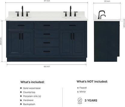 ARIEL Hepburn 66-inch Bathroom Vanity with Sink,Solid Wood, 1.5-inch Pure White Quartz Countertop & Backsplash, Double Oval Porcelain Sink, 4 Soft Closing Doors, 6 Dovetail Drawers, Midnight Blue