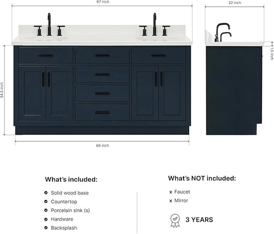 ARIEL Hepburn 66-inch Bathroom Vanity with Sink,Solid Wood, 1.5-inch Pure White Quartz Countertop & Backsplash, Double Oval Porcelain Sink, 4 Soft Closing Doors, 6 Dovetail Drawers, Midnight Blue