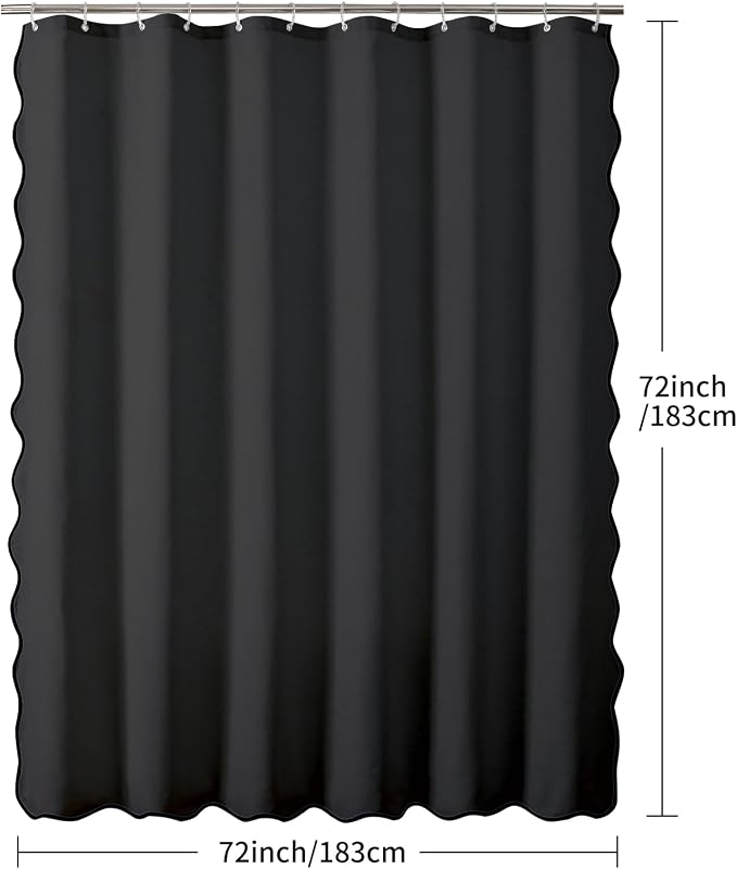 Linen Scallop Shower Curtain with 12 Clear Hooks, Waterproof, 72x72, Black | Waterproof Heavy Duty Thick Fabric with Black Border, Minimalist Neutral Boho Farmhouse Bathroom Décor
