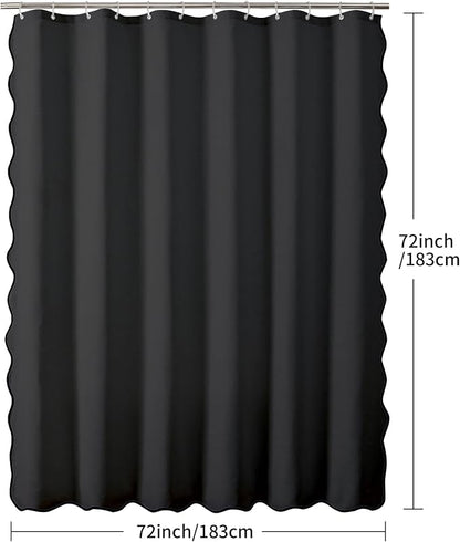 Linen Scallop Shower Curtain with 12 Clear Hooks, Waterproof, 72x72, Black | Waterproof Heavy Duty Thick Fabric with Black Border, Minimalist Neutral Boho Farmhouse Bathroom Décor