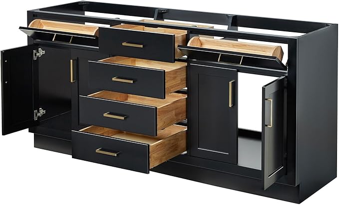 ARIEL Hepburn 72-inch Bathroom Vanity Base Cabinet,Solid Wood, 4 Soft Closing Doors, 6 Dovetail Drawers, Black