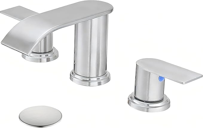 Waterfall Bathroom Faucet 3 Holes, 8 Inch Brushed Nickel Widespread Faucet Bathroom with Pop Up Drain Bathrooms Basin Lavatory Mixer Tap with Deck Mount Plate
