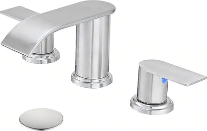 Waterfall Bathroom Faucet 3 Holes, 8 Inch Brushed Nickel Widespread Faucet Bathroom with Pop Up Drain Bathrooms Basin Lavatory Mixer Tap with Deck Mount Plate