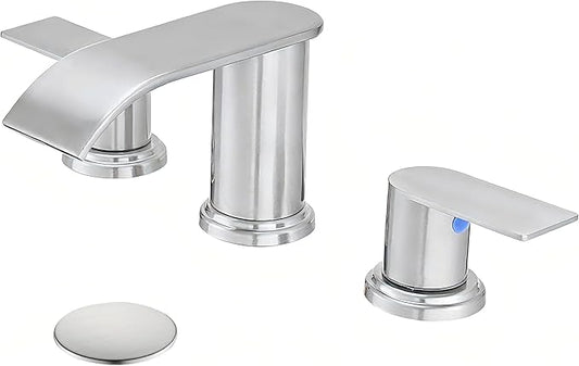 Waterfall Bathroom Faucet 3 Holes, 8 Inch Brushed Nickel Widespread Faucet Bathroom with Pop Up Drain Bathrooms Basin Lavatory Mixer Tap with Deck Mount Plate