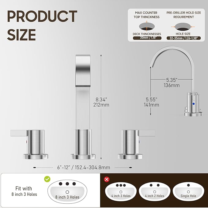 Phiestina 8 Inch Brushed Nickel Waterfall 2-Handle 3-Hole Widespread Bathroom Faucet with Pop-up Drain and Valve, WF40-1-BN