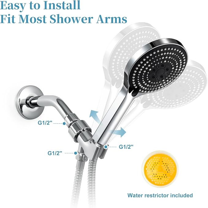 OFFO Handheld Shower Head Set, 6-Mode High Pressure Handheld Sprayer with 60 in Stainless Steel Hose & Holder, High Flow Large Powerful Boosting Handheld Showerhead for Low Water Pressure, Chrome