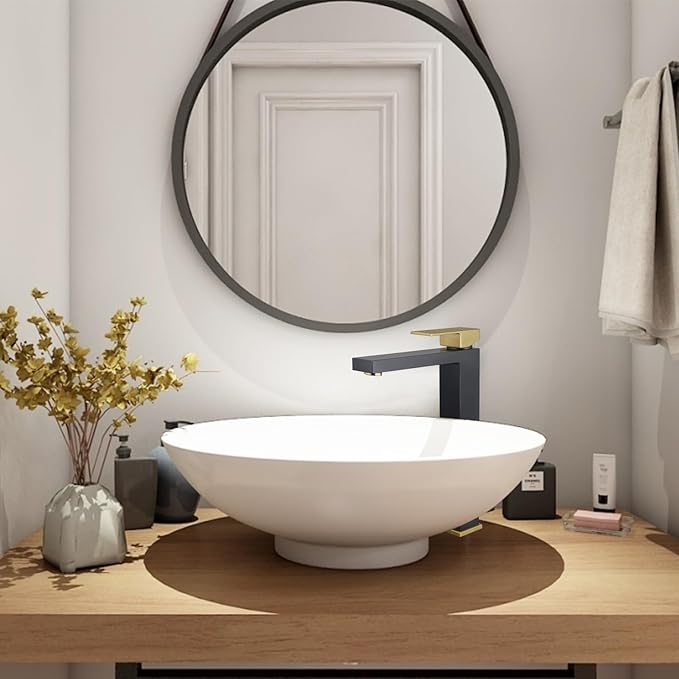 Matte Black and Brushed Gold Vessel Sink Faucet, Lava Odoro Single Handle Bathroom Faucet Single Hole Bathroom Sink Faucet Tall Bowl Sink Faucet with Drain Assembly, BF307-GB-T