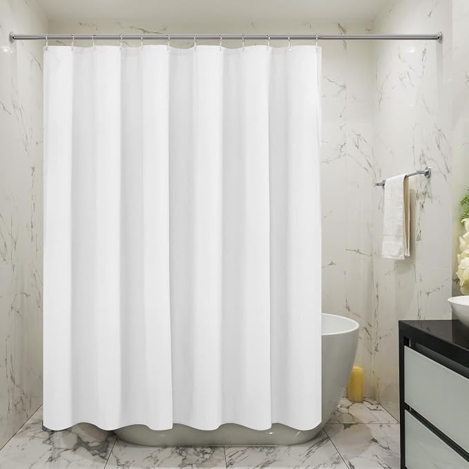 Embossed Microfiber Long Shower Curtain Liner 71 x 78, White | Machine Washable, Bottom Magnets, Water Repellent, 71x78 Inches Soft Fabric Shower Curtain for Bathroom