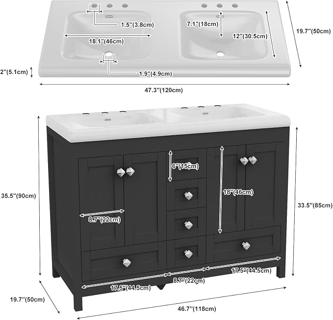 48" Bathroom Vanity with Sink, Large Space Bathroom Double Sink with 2 Door & 6 Drawer, Vanity Sinks for Bathrooms, Black, 47.3" × 19.7" × 35.5"