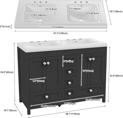 48" Bathroom Vanity with Sink, Large Space Bathroom Double Sink with 2 Door & 6 Drawer, Vanity Sinks for Bathrooms, Black, 47.3" × 19.7" × 35.5"