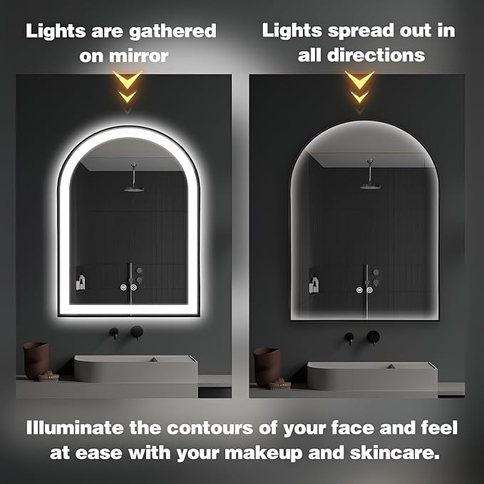 Arched LED Bathroom Mirror, 48"x24" Arch Backlit Vanity Mirror with Lights, Frontlit, Dimmable, 3 Colors, Memory Function, Anti-Fog Smart Mirror, Black Frame, Shatterproof, UL Listed