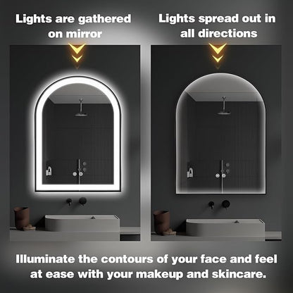 Arched LED Bathroom Mirror, 48"x24" Arch Backlit Vanity Mirror with Lights, Frontlit, Dimmable, 3 Colors, Memory Function, Anti-Fog Smart Mirror, Black Frame, Shatterproof, UL Listed