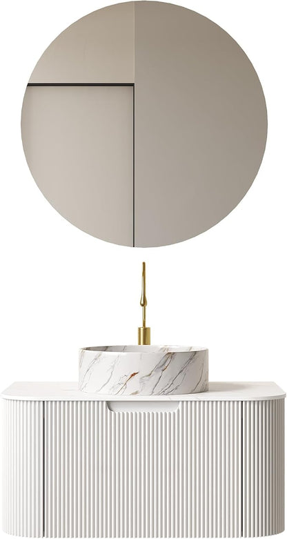 30'' Floating Vanity with Sink Combo, Modern Wall-Mounted Curved Edges Striped Bathroom Storage Cabinet with Soft-Close Drawer and White Stone Pattern Basin, White