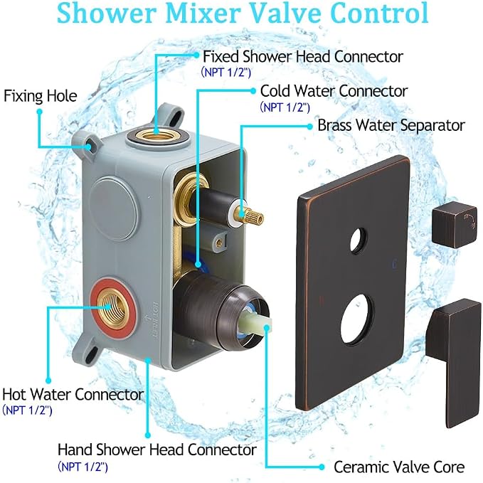 Oil Rubbed Bronze rain Shower Faucet Set Shower System 12 Inches Square Shower Head with Handheld, Waterfall Showerhead, All Metal Shower Faucet Trim Repair Kits (Contain Shower Valve)