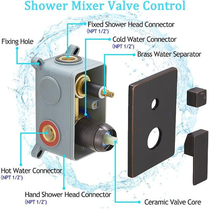 Oil Rubbed Bronze rain Shower Faucet Set Shower System 12 Inches Square Shower Head with Handheld, Waterfall Showerhead, All Metal Shower Faucet Trim Repair Kits (Contain Shower Valve)