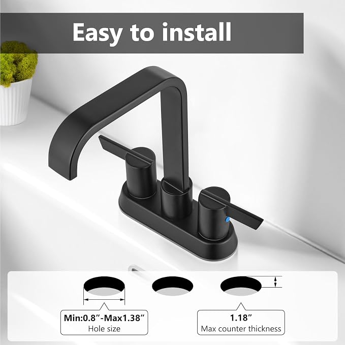 Matte Black Waterfall Bathroom Faucet 4 Inch Centerset,2-Handle | Stainless Steel 3-Hole Deck-Mount Design Includes Supply Lines and Pop-Up Drain for a Complete Vanity Installation
