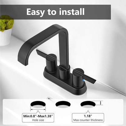 Matte Black Waterfall Bathroom Faucet 4 Inch Centerset,2-Handle | Stainless Steel 3-Hole Deck-Mount Design Includes Supply Lines and Pop-Up Drain for a Complete Vanity Installation