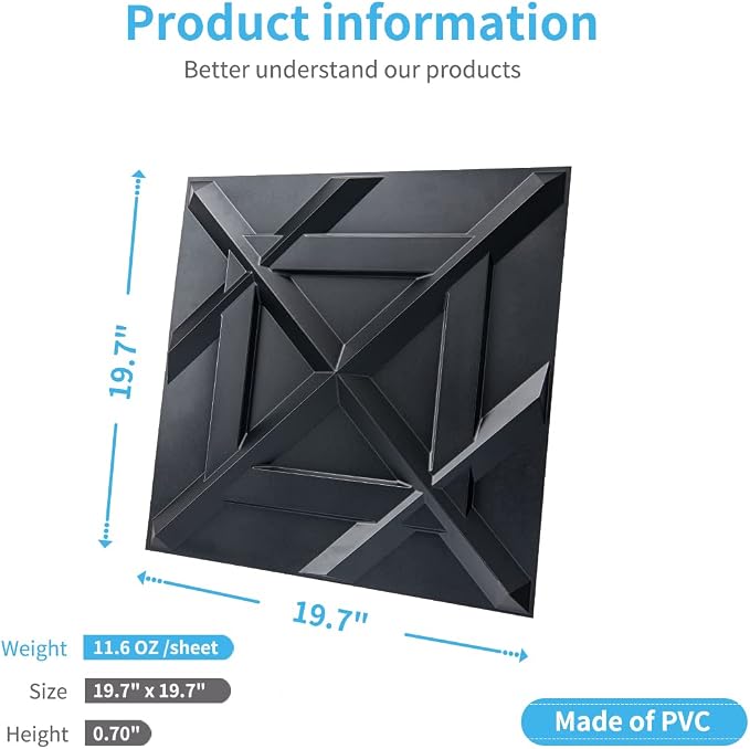 Art3d Decorativ PVC Glue-Up 3D Wall Panel, 19.7 x 19.7 in, 12-Pack, Black | Waterproof, Scratch Resistant, Wall & Ceiling Decor Panels, Ideal for Commercial Spaces