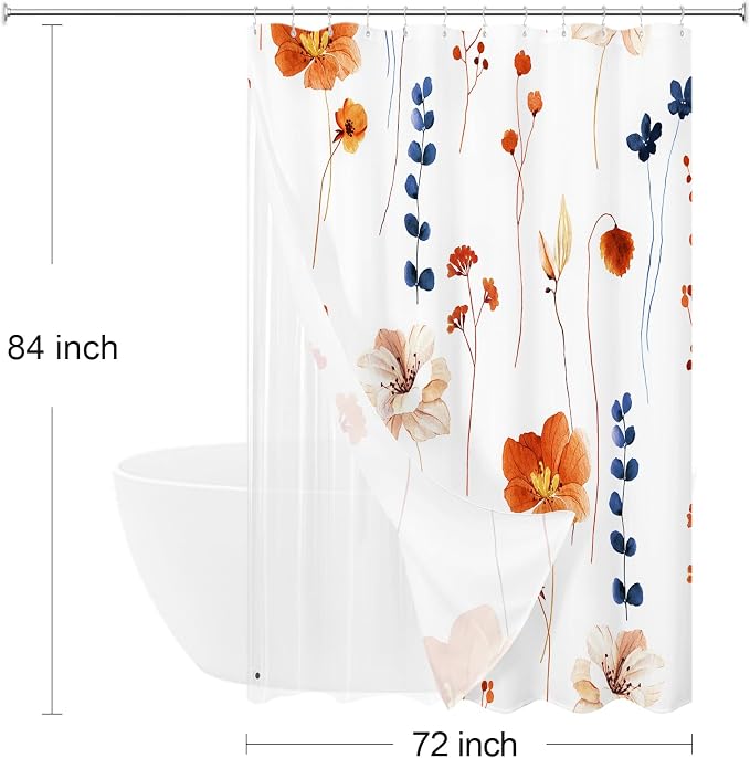 Extra Long 3 in 1 Shower Curtain Set, Orange Navy Watercolor Floral Bath Curtain and PEVA Liner Set with 12 Double Sided Steel Hooks, Waterproof Fabric Bathroom Curtain 72x84