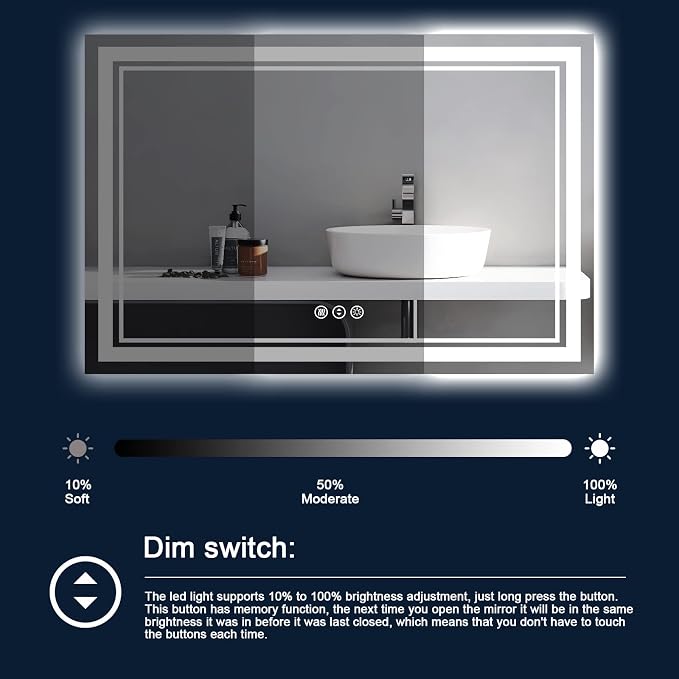 60x40 Inch LED Bathroom Mirror with Lights | Front and Backlit, 3 Colors, Dimmable, Memory, Anti Fog, Shatterproof, Horizontal/Vertical, Lighted Mirrors for Bathroom Wall