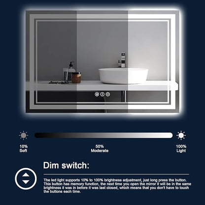 60x40 Inch LED Bathroom Mirror with Lights | Front and Backlit, 3 Colors, Dimmable, Memory, Anti Fog, Shatterproof, Horizontal/Vertical, Lighted Mirrors for Bathroom Wall