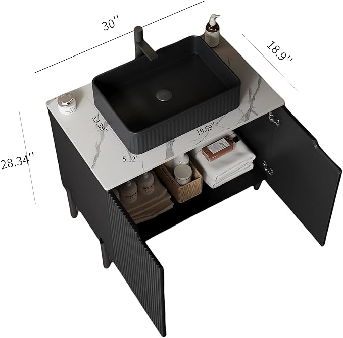 30" Bathroom Vanity with Sink, Modern Bathroom Storage Cabinet with White Rectangular Ceramic Basin and Sintered Stone Countertop, Soft Closing, Freestanding Bathroom Vanities, Black