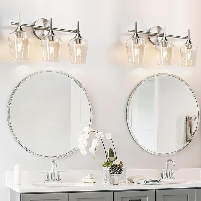 3-Light Bathroom Light Fixtures, 19.5 in Brushed Nickle Vanity Lights for Bathroom with Clear Glass, Bathroom Lighting Fixtures Over Mirror, Modern Wall lamp for Cabinet Hallway