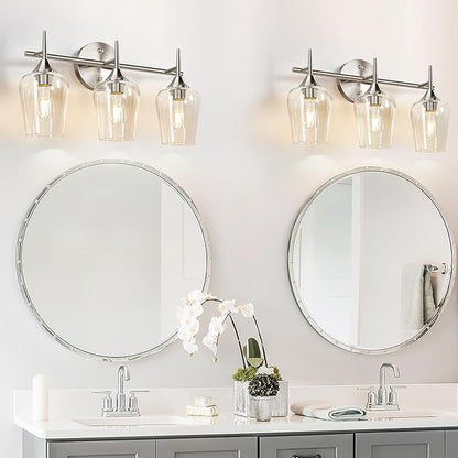 3-Light Bathroom Light Fixtures, 19.5 in Brushed Nickle Vanity Lights for Bathroom with Clear Glass, Bathroom Lighting Fixtures Over Mirror, Modern Wall lamp for Cabinet Hallway