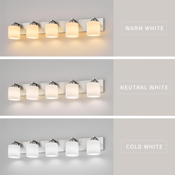 mirrea 5-Light Brushed Nickel Bathroom Vanity Light with White Glass Shades | Over Mirror,Wall Sconce,ETL listed,Bathroom Lighting Fixtures,Elegant Design,Milk White Glass Shade,Easy Installation